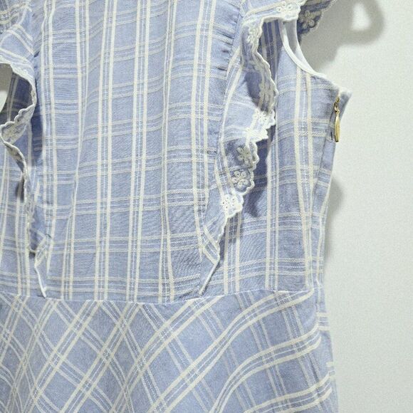 Draper James - 4 Cotton Linen Blue Plaid Fit & Flare Dress Ruffle Embroidery - Picture 3 of 7